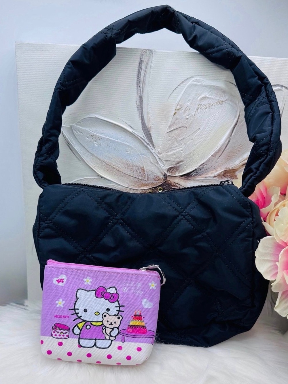 Quilted Black Shoulder Nylon Bag - with hello Kitty coin purse